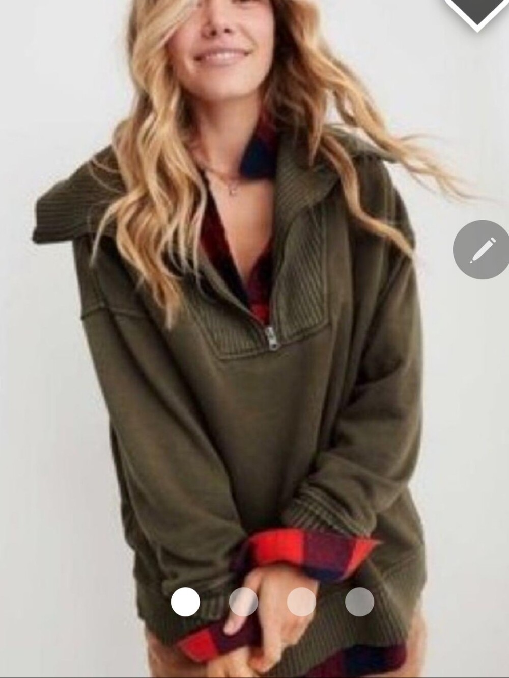 Aerie Down To Earth Quarter Zip Oversized Olive Green Acid Washed Shirt